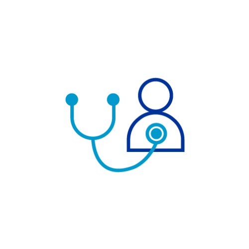 Icon of a stethoscope on a person depicting health and well-being.