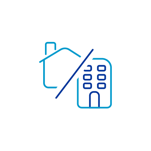 Icon showing a home and an office block with a dividing line in-between. 