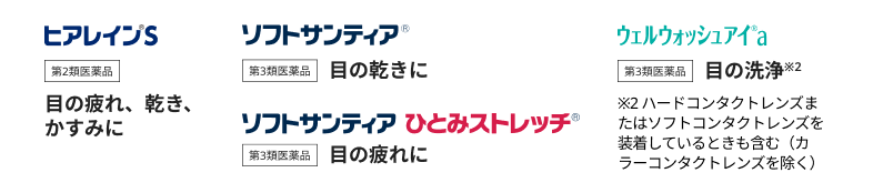 ヒアレイン®︎S 第2類医薬品 目の疲れ、乾き、かすみに ソフトサンティア®︎ 第3類医薬品 目の乾きに ソフトサンティアひとみストレッチ®︎ 第3類医薬品 目の疲れに ウェルウォッシュアイ®︎a 第3類医薬品 目の洗浄※2 ハードコンタクトレンズまたはソフトコンタクトレンズを装着しているときも含む（カラーコンタクトレンズを除く）。