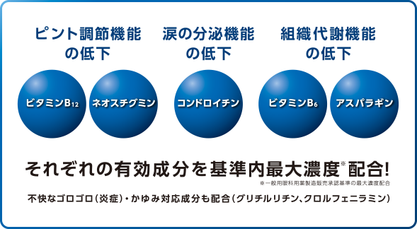 ピント調節機能の低下 ビタミンB12 ネオスチグミン　涙の分泌機能の低下 コンドロイチン　組織代謝機能の低下 ビタミンB6 アスパラギン　それぞれの有効成分を基準内最大濃度※配合！ ※一般用眼科用薬製造販売承認基準の最大濃度配合　不快なゴロゴロ（炎症）・かゆみ対応成分も配合（グリチルリチン、クロルフェニラミン）