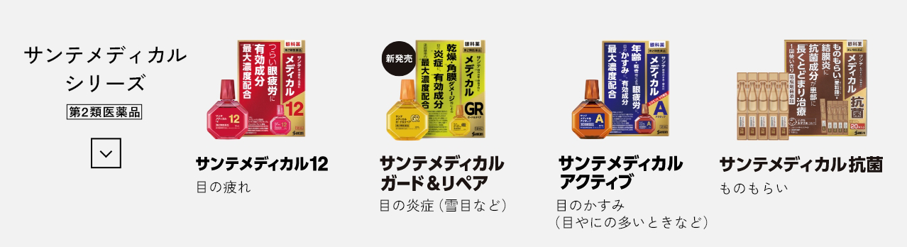 サンテ メディカル 第2類医薬品 サンテ メディカル12 目の疲れ サンテ メディカルガード＆リペア 目の炎症 (雪目など) サンテ メディカルアクティブ 目のかすみ (目やにの多いときなど) サンテ メディカル 抗菌 ものもらい
