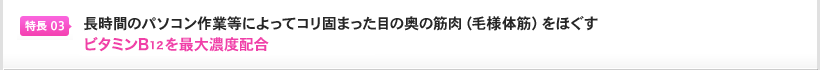 特長3：長時間のパソコン作業等によってコリ固まった目の奥の筋肉（毛様体筋）をほぐすビタミンB12を最大濃度配合