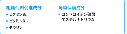 組織台車を促進（ビタミンB6、ビタミンB12、タウリン）角膜保護（コンドロイチン硫酸、エステルナトリウム）