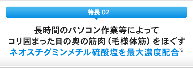 特長 02：長時間のパソコン作業等によってコリ固まった目の奥の筋肉（毛様体筋）をほぐすネオスチグミンメチル硫酸塩を最大濃度配合※