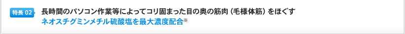 特長2：長時間のパソコン作業等によってコリ固まった目の奥の筋肉（毛様体筋）をほぐすネオスチグミンメチル硫酸塩を最大濃度配合※