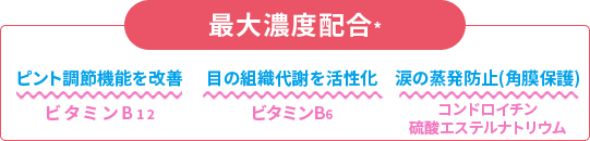 最大濃度配合　ピント調節機能を改善　ビタミンB12　目の組織代謝を活性化　ビタミンB6　涙の蒸発防止(角膜保護)　コンドロイチン硫酸エステルナトリウム