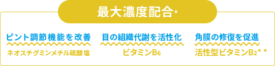 ピント調節機能を改善　ネオスチグミンメチル硫酸塩　目の組織代謝を活性化　ビタミンB6　角膜の修復を促進　活性型ビタミンB2**