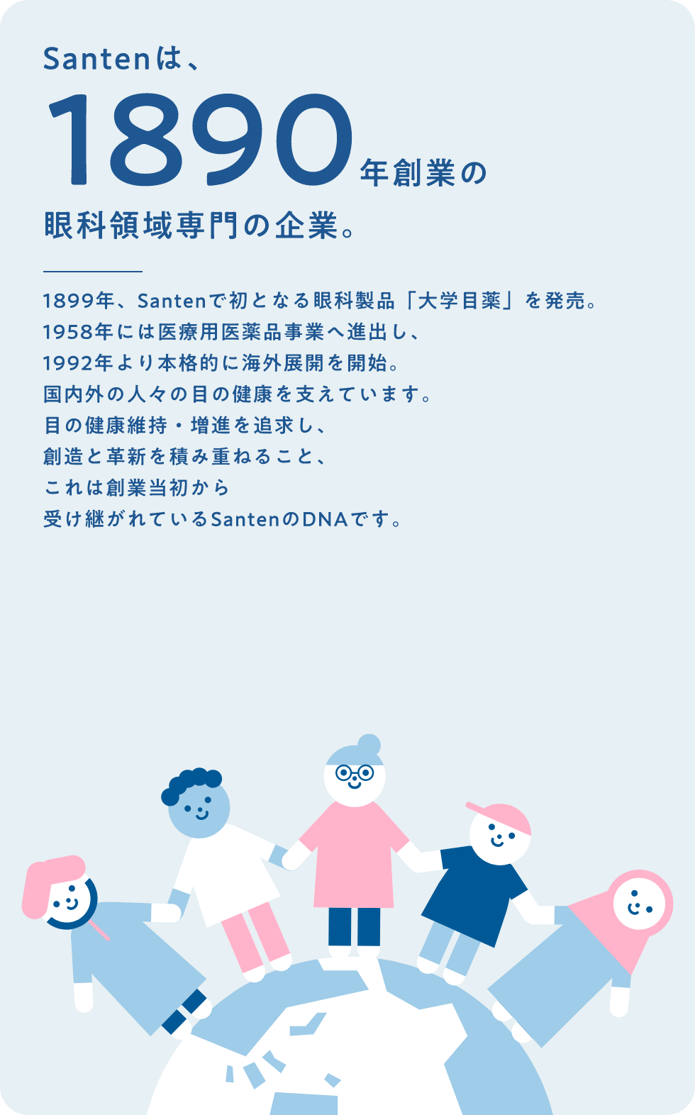 Santenは、1890年創業の眼科領域専門の企業。1899年、Santenで初となる眼科製品「大学目薬」を発売。1958年には医療用医薬品事業へ進出し、1992年より本格的に海外展開を開始。国内外の人々の目の健康を支えています。目の健康維持・増進を追求し、創造と革新を積み重ねること、これは創業当初から受け継がれているSantenのDNAです。
