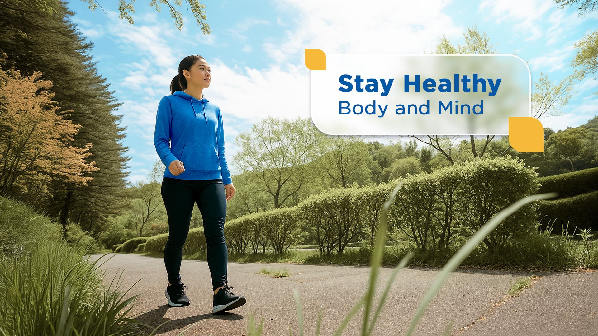 Woman walking in a park — stay healthy body and mind