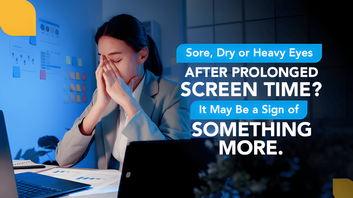 Woman rubbing eyes after prolonged screen time