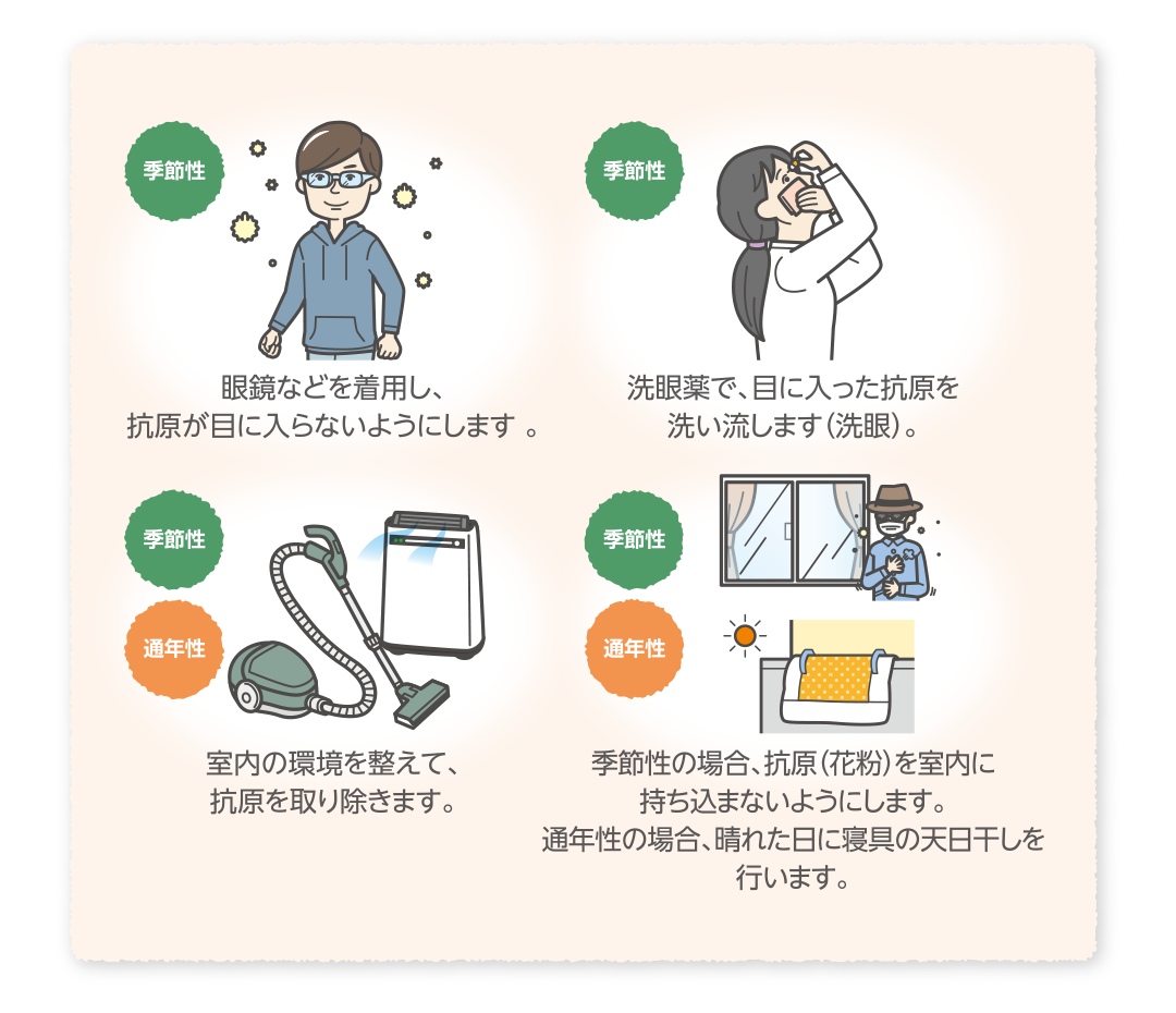 アレルゲンを回避・除去するための生活上の工夫を示すイラスト