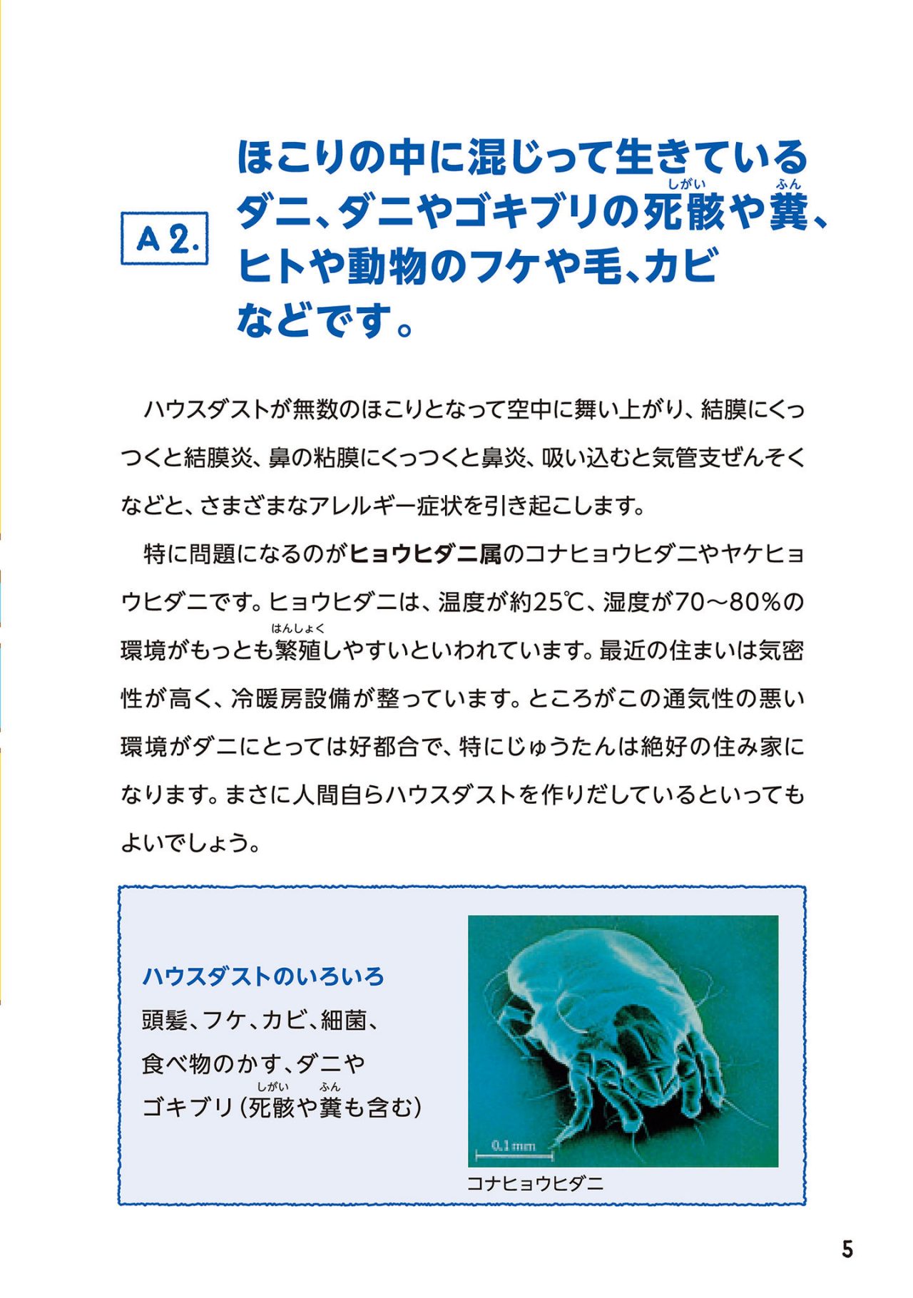 ほこりの中に混じって生きているダニ、ダニやゴキブリの死骸や糞、人や動物のフケや毛、カビなどです。