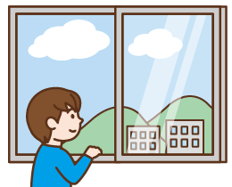 窓から遠くの山を眺める子どものイラスト