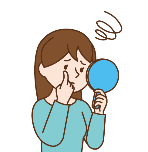 鏡を見て困惑する女性のイラスト