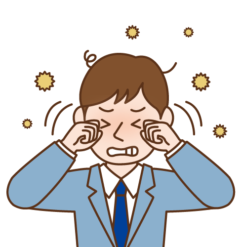 目のかゆみで目元を両手でこする男性のイラスト