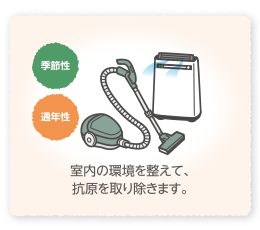 掃除機、空気清浄機で室内の環境を整えて、抗原を取り除くイラスト