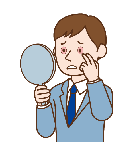 鏡で自分の目の充血をチェックする男性のイラスト
